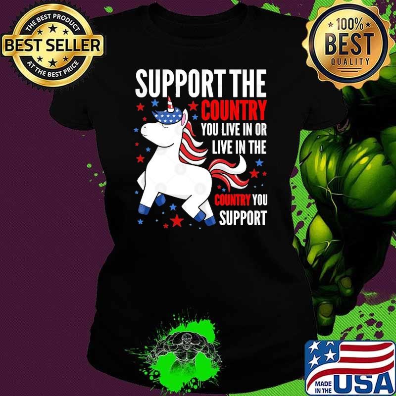 Support The Country You Live In Cute Unicorn America Flag Ladies tee