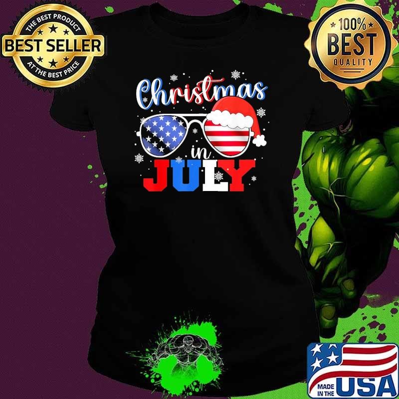 Christmas In July Santa Hat Sunglasses USA Flag 4th of July T-Shirt