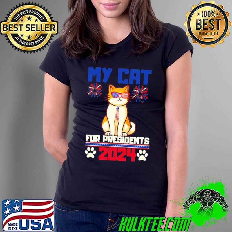 My Cat For President 2024 Sunglasses American Flag Fireworks Vote T-Shirt