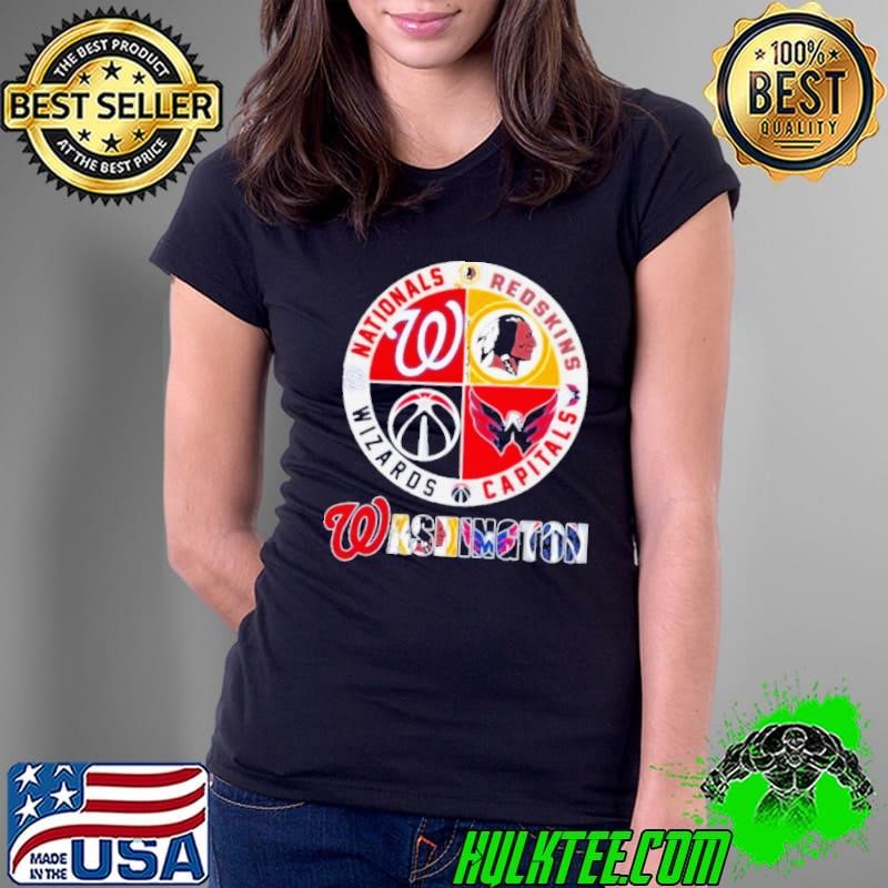 Washington Sports Teams Logo Nationals, Redskins, Capitals And Wizards Ladies Tee