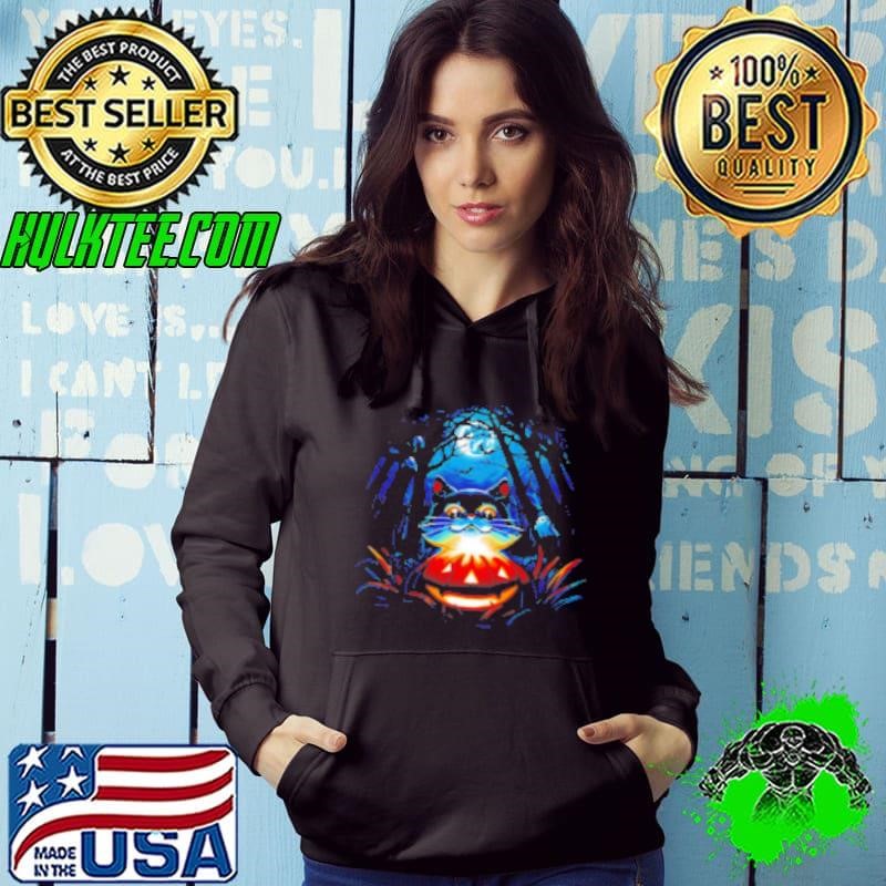 Cat And A Jack O Lantern In The Forest At Night Halloween Mystery Hoodie