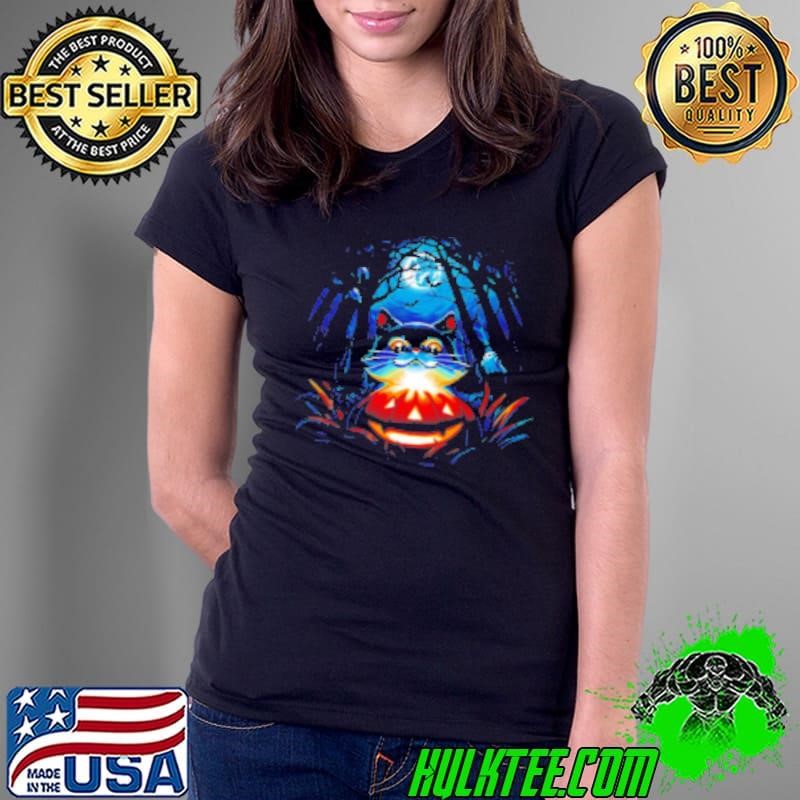 Cat And A Jack O Lantern In The Forest At Night Halloween Mystery Ladies Tee Cat And A Jack O Lantern In The Forest At Night Halloween Mystery Ladies Tee
