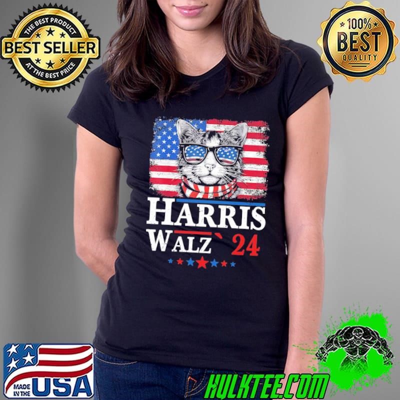 Cat Ladies For Harris Waltz 2024 For President American Flag Ladies Tee