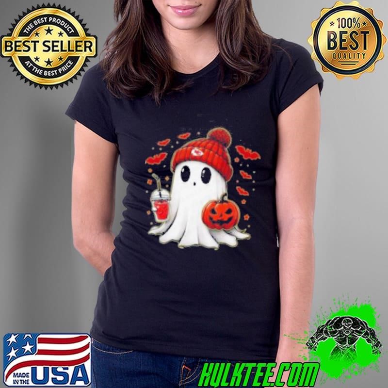 Halloween NFL Football Fan Ghost with Pumpkin kansas city Ladies Tee