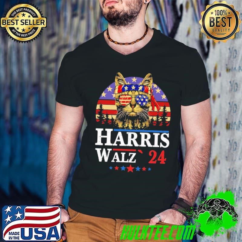 Harris Waltz 2024 For President Cat Sunglasses American Flag T-Shirt