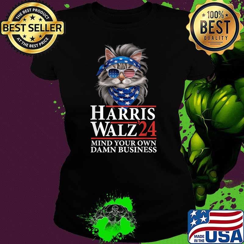 Harris Walz 24 Mind Your Own Damn Business Cat Lady Sunglasses USa Flag Ladies tee