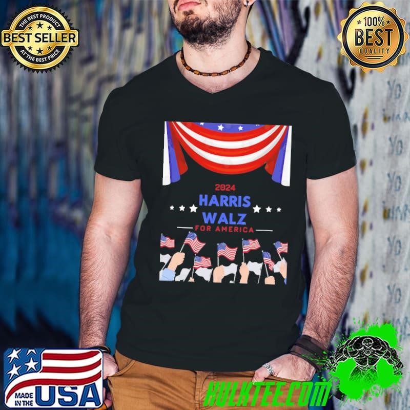 Harris Walz for America president 2024 with people support flag Guys V Neck