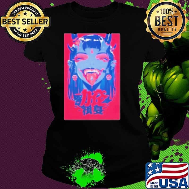Horned Oni Demon Blue Girl Hot Cyber Halloween Cosmic Horror Ladies tee