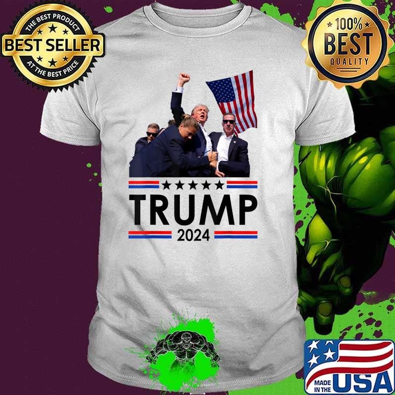 Premium Trump Fist Pump Shot At Trump Survives Rally American Flag Stars 2024 T-Shirt
