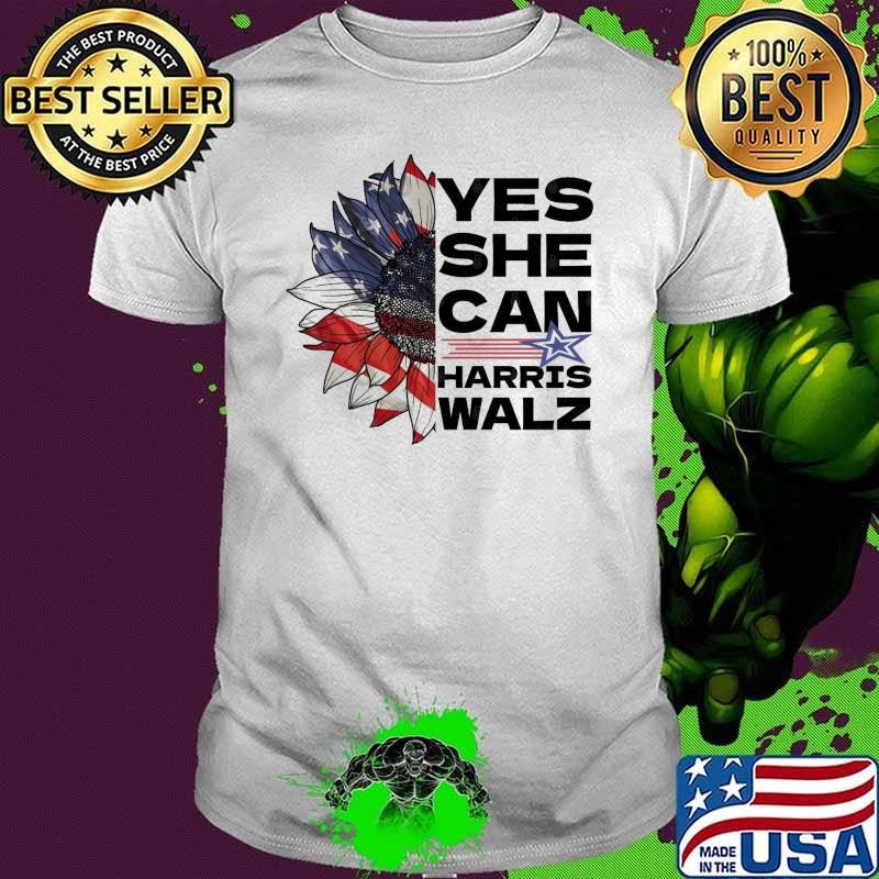 Sunflower Yes She Can Harris Walz American Flag Election T-Shirt