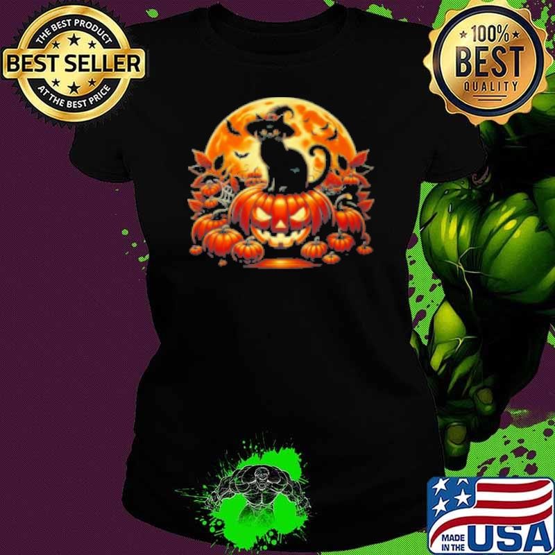 Black Cat On Pumpkin Scary Halloween Black Cat Costume Shirt