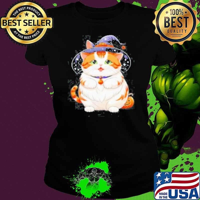 Chubby Cat In Witch Hat Halloween Art Series Adorable Fat Kittens Shirt