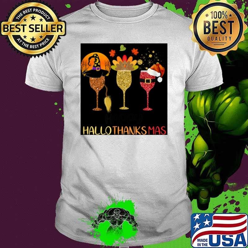 Funny Wine Hallothanksmas Halloween Thanksgiving Christmas Shirt
