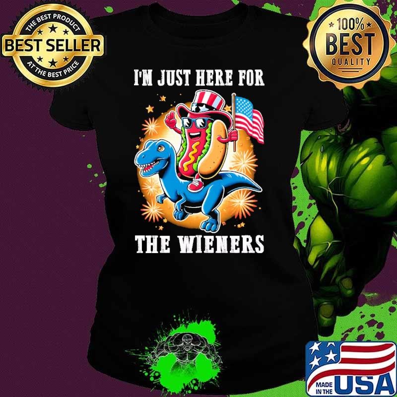 Graphic Dinosaurs USA Flag I'm Just Here For The Wieners Ladies tee