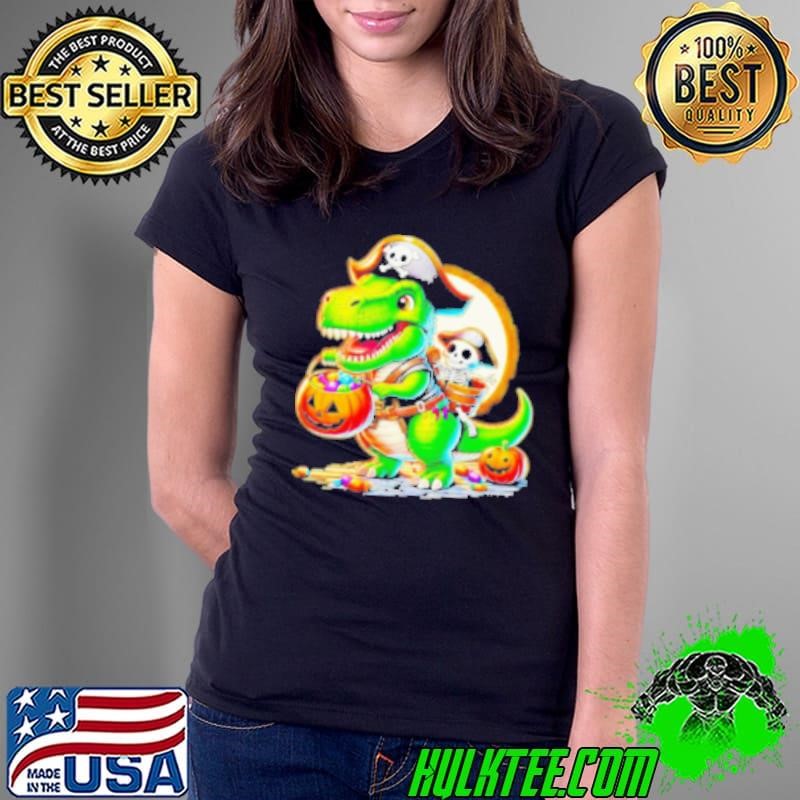Halloween T Rex Dinosaur Pirate Boy Trick Treat Cartoon Design Ladies Tee