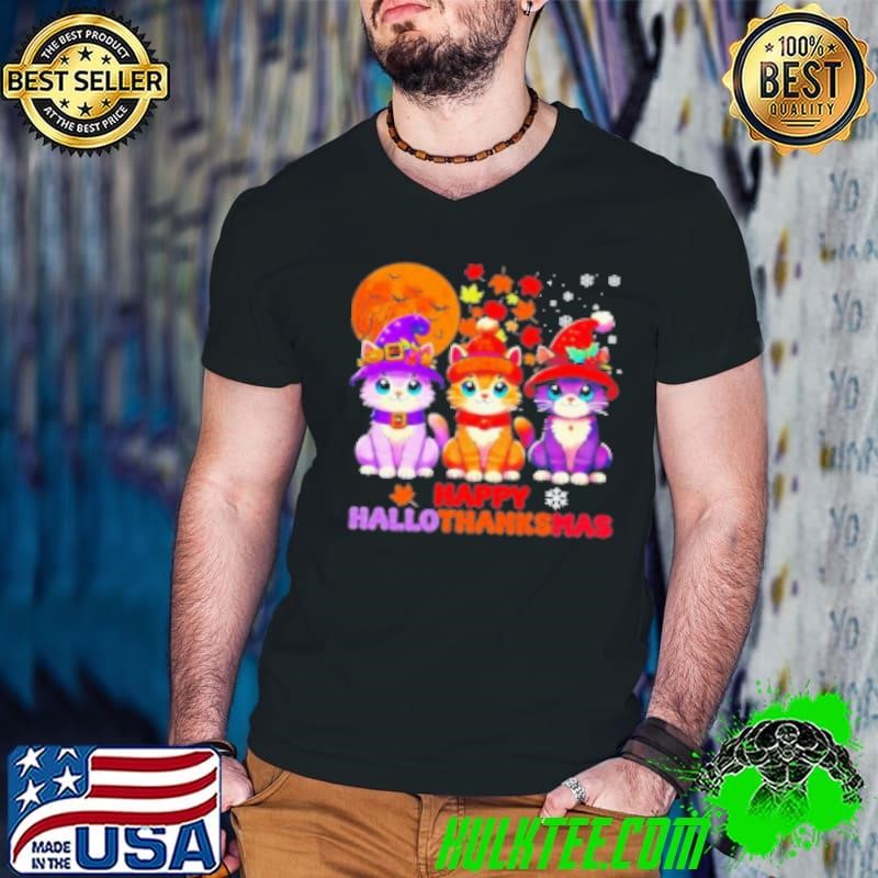 Halloween Thanksgiving Christmas Happy Hallothanksmas Cats Cute Shirt