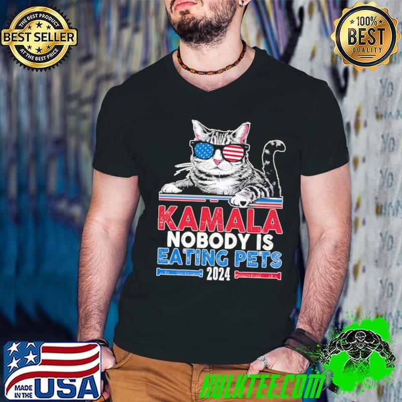 Harris Walz 2024 Nobody Is Eating Pets Cat Sunglasses Usa Flag Guys V Neck