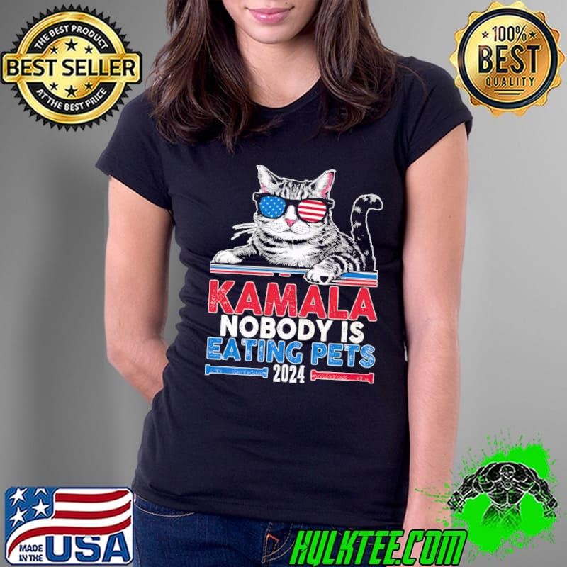 Harris Walz 2024 Nobody Is Eating Pets Cat Sunglasses Usa Flag Ladies Tee