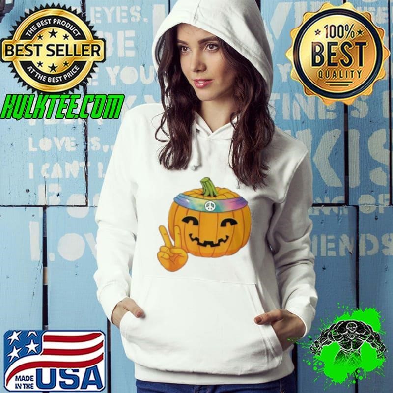 Hippie Halloween Pumpkin Peace Sign Hand Headband Tie Dye Shirt