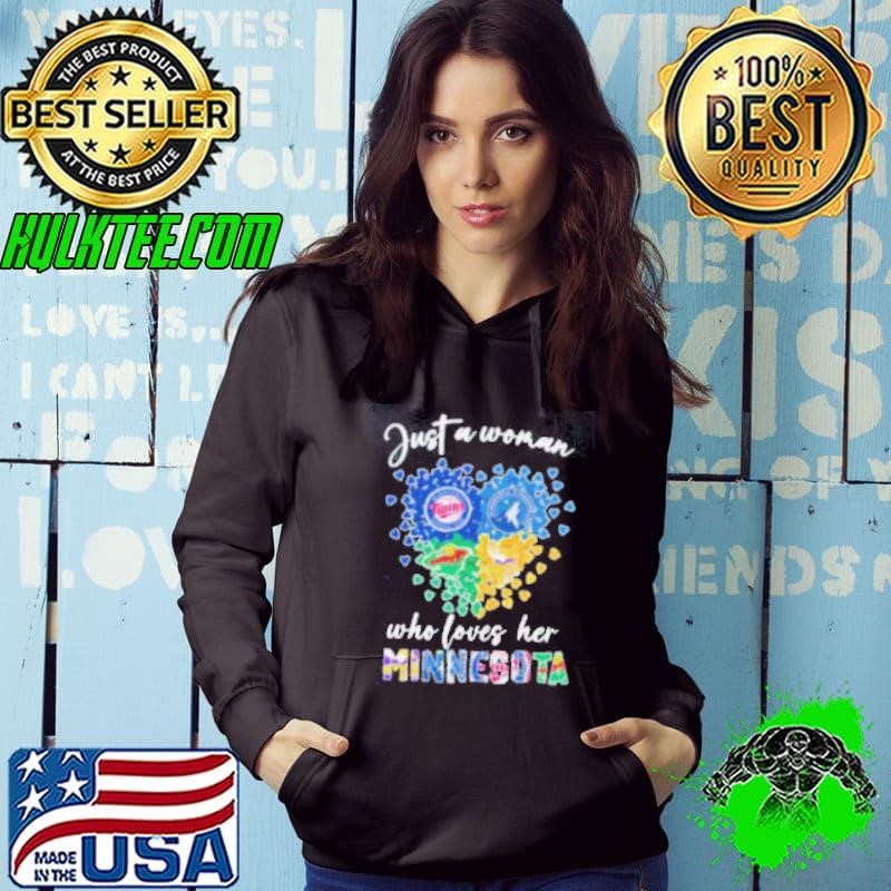 Just A Woman Who Loves Her Minnessota Sport Teams Logo Heart Shirt