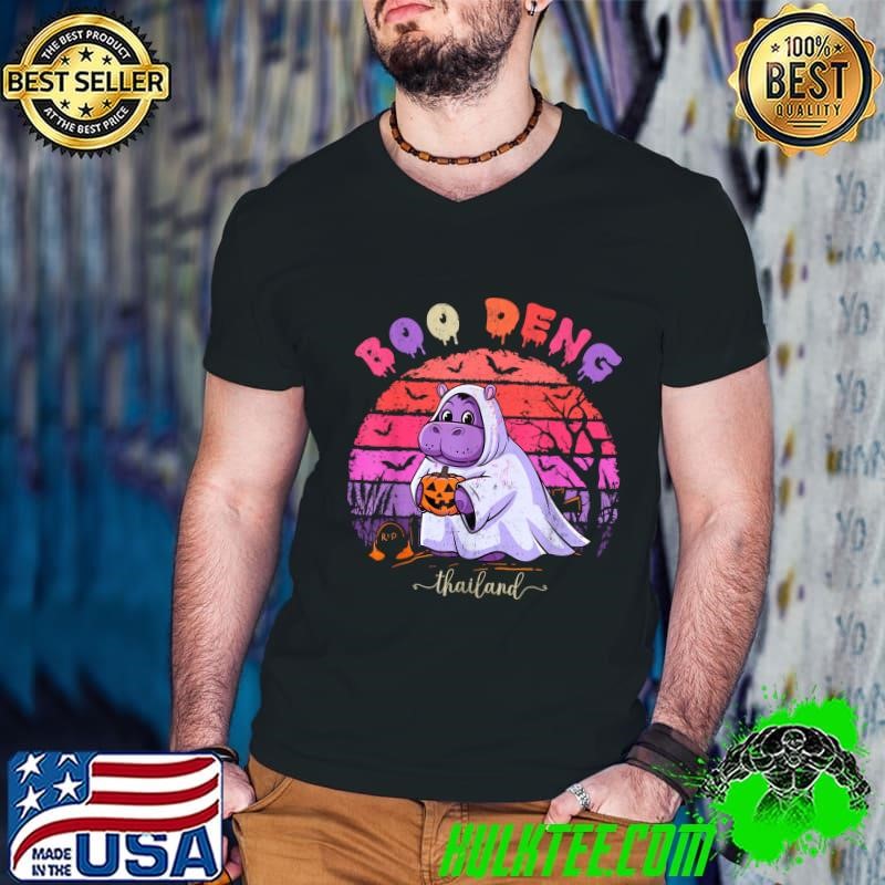 Moo Deng Hippo Baby Pygmy Hippopotamus Fun Halloween Costume Retro Sunset T-Shirt