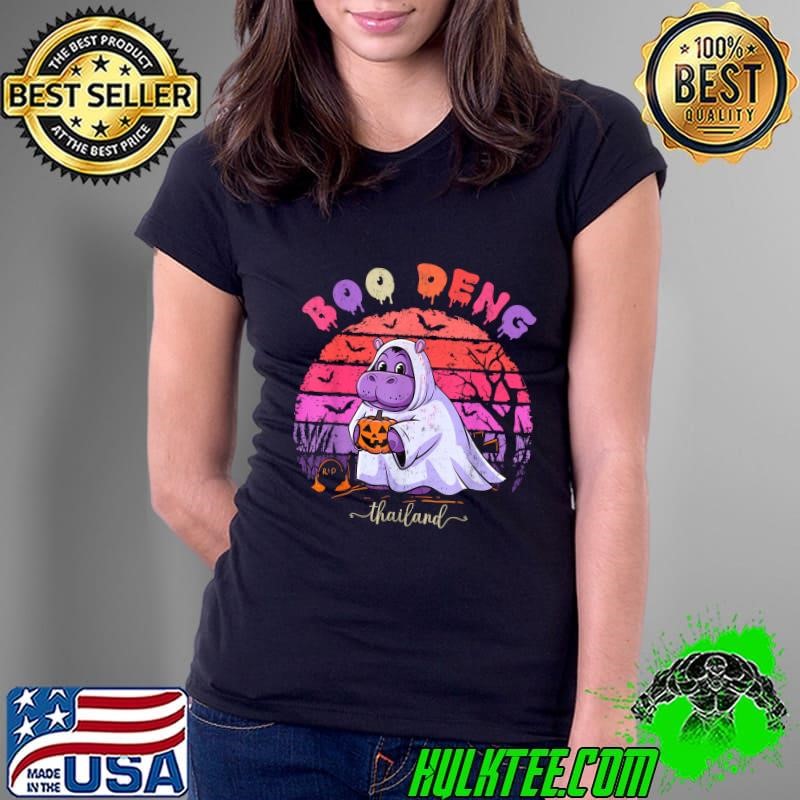 Moo Deng Hippo Baby Pygmy Hippopotamus Fun Halloween Costume Retro Sunset Ladies Tee
