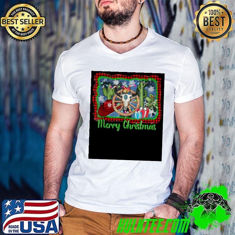 Western Wooden Wheel Bull Skull Christmas Shirt