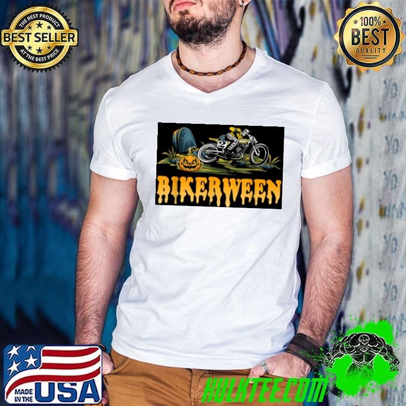 skeleton riding motorcycle bikerween halloween Pumpkin Guys V Neck