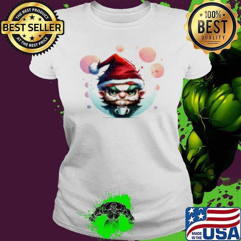 Awesome Cartoon Character Enjoying Coffee with Santa Hat Ladies tee