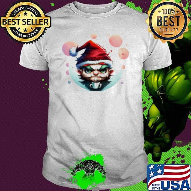 Awesome Cartoon Character Enjoying Coffee with Santa Hat Shirt