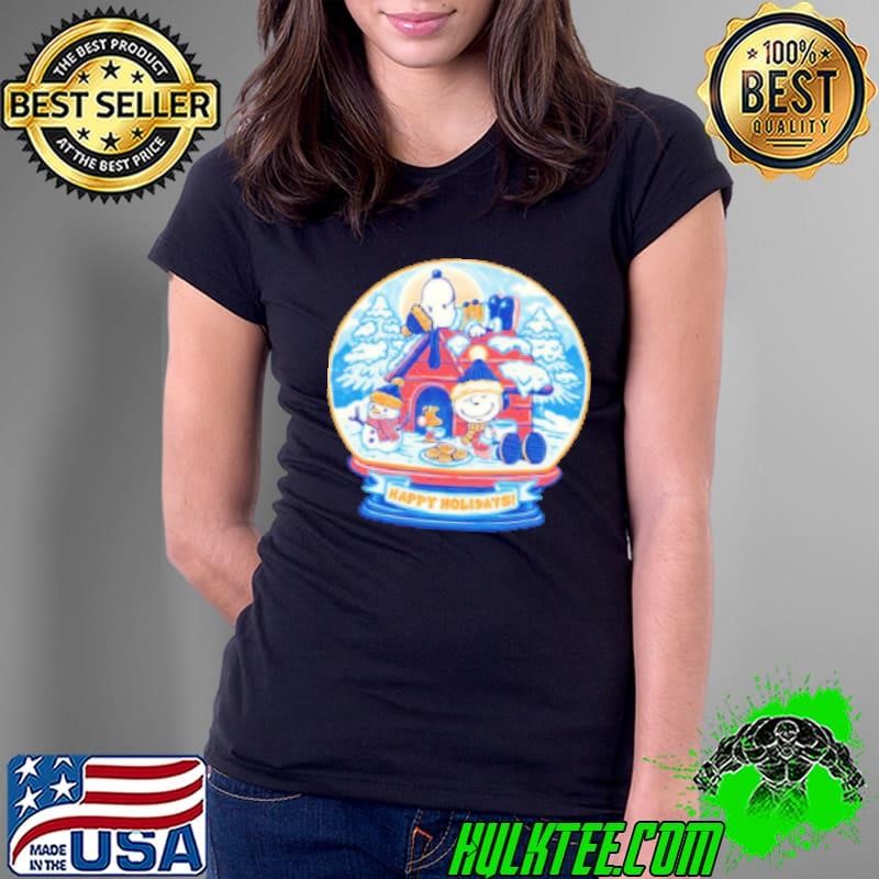 Awesome Peanuts a snowy winter scene with Charlie Brown Snoopy and Woodstock holiday snow globe Ladies Tee Awesome Peanuts a snowy winter scene with Charlie Brown Snoopy and Woodstock holiday snow globe Ladies Tee
