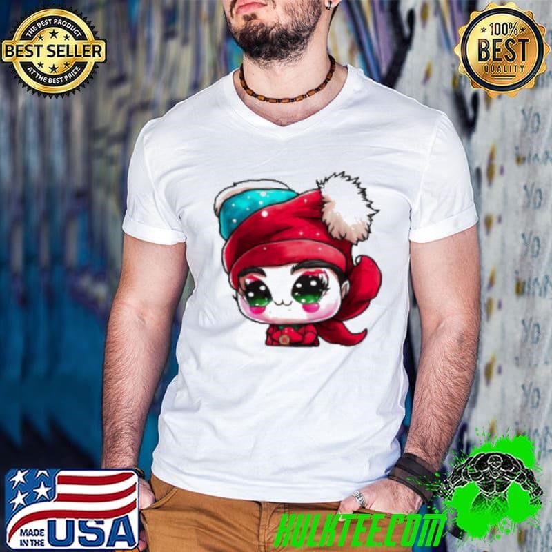 Cartoon Character with Red Hat and Green Eyes in front of Christmas Tree Shirt