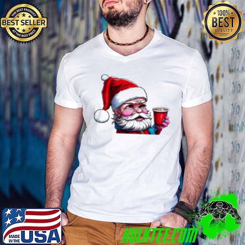 Cartoon Santa Claus with Iced Coffee Cup Guys V Neck