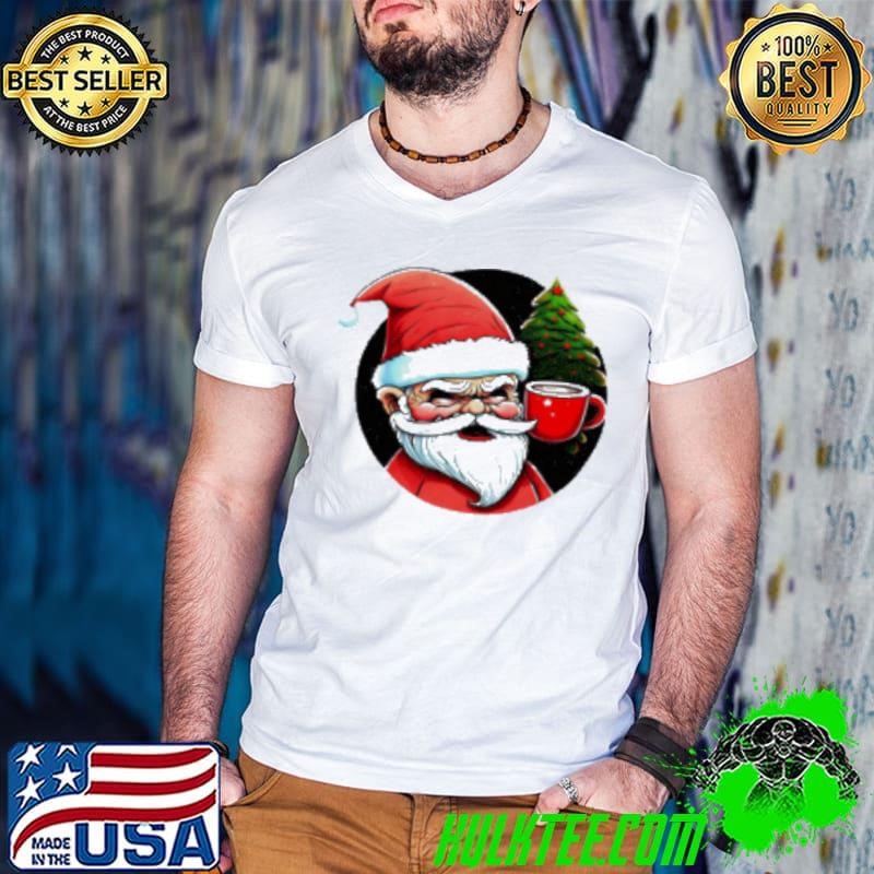 Cartoon Santa Claus with Iced Coffee and Christmas Trees Shirt