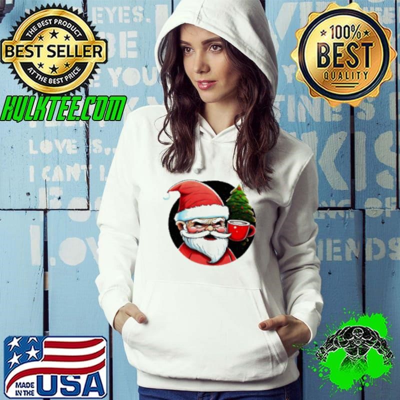 Cartoon Santa Claus with Iced Coffee and Christmas Trees Hoodie
