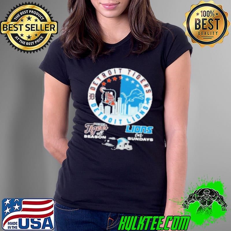 Detroit Tigers All Season Detroit Lions On Sundays Logo Helmet Ladies Tee