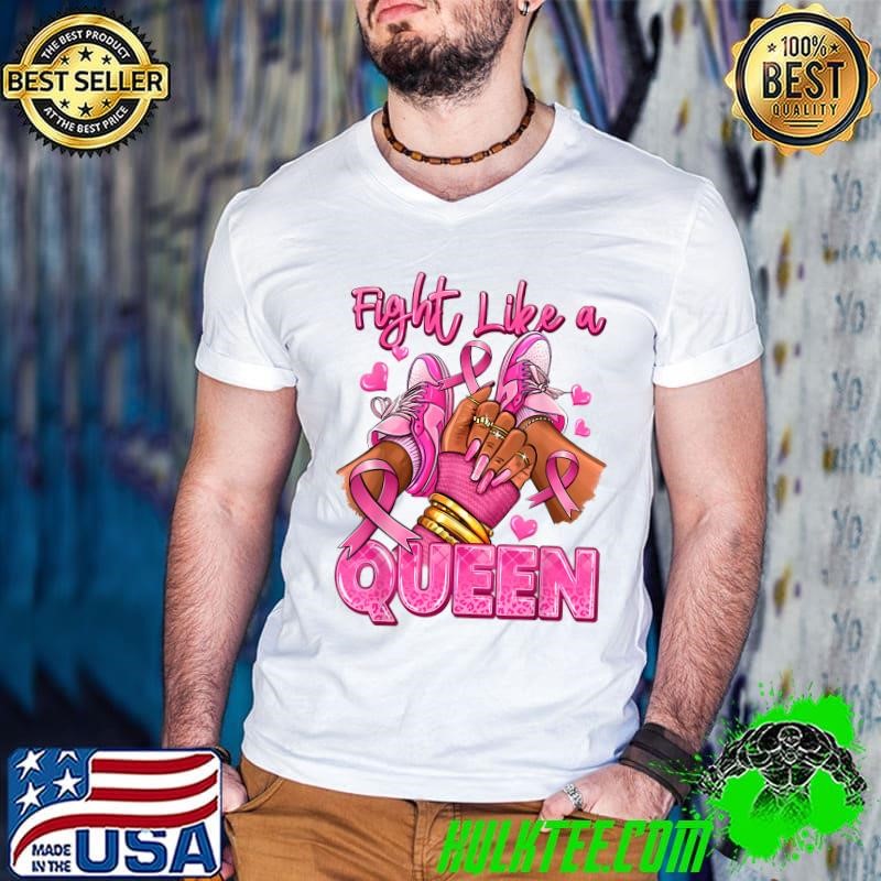 Fight Like A Queen Afro Queen Black Women Breast Cancer Survivor Pink Ribbon T-Shirt