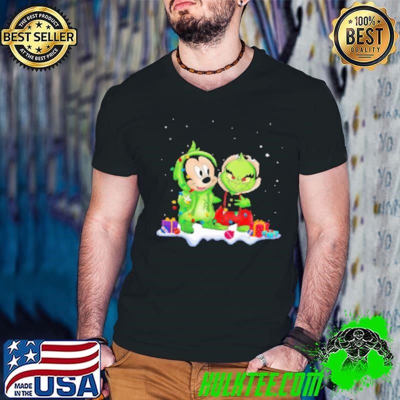 Funny Mickey Mouse And Grinch With Fairy Lights for Christmas Shirt