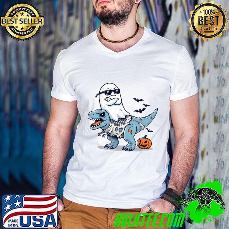 Ghost Riding Zombie T-Rex Pumpkin Halloween Bats T-Shirt