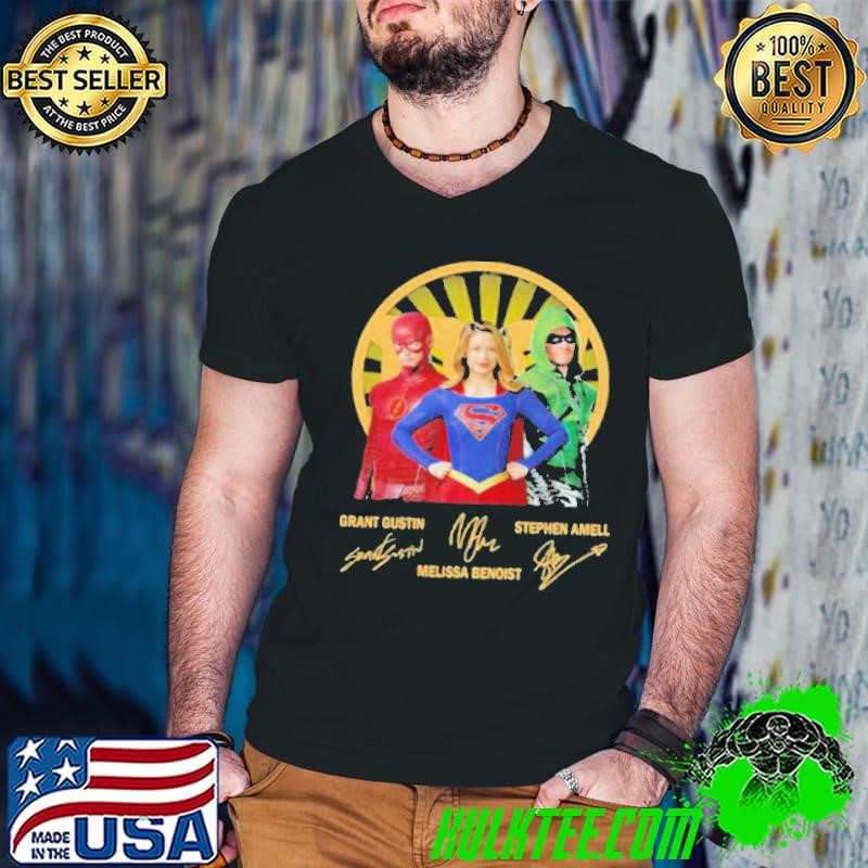 Grant Gustin Melissa Benoist Stephen Amell Heros Signuature shirt