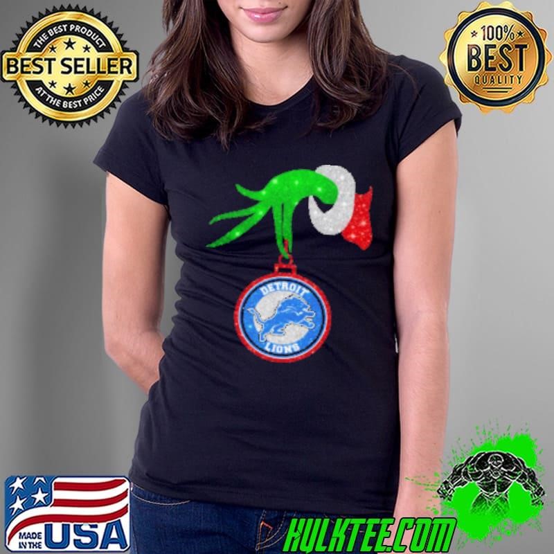 Grinch Hand Holding Detroit Lions Christmas Ladies Tee