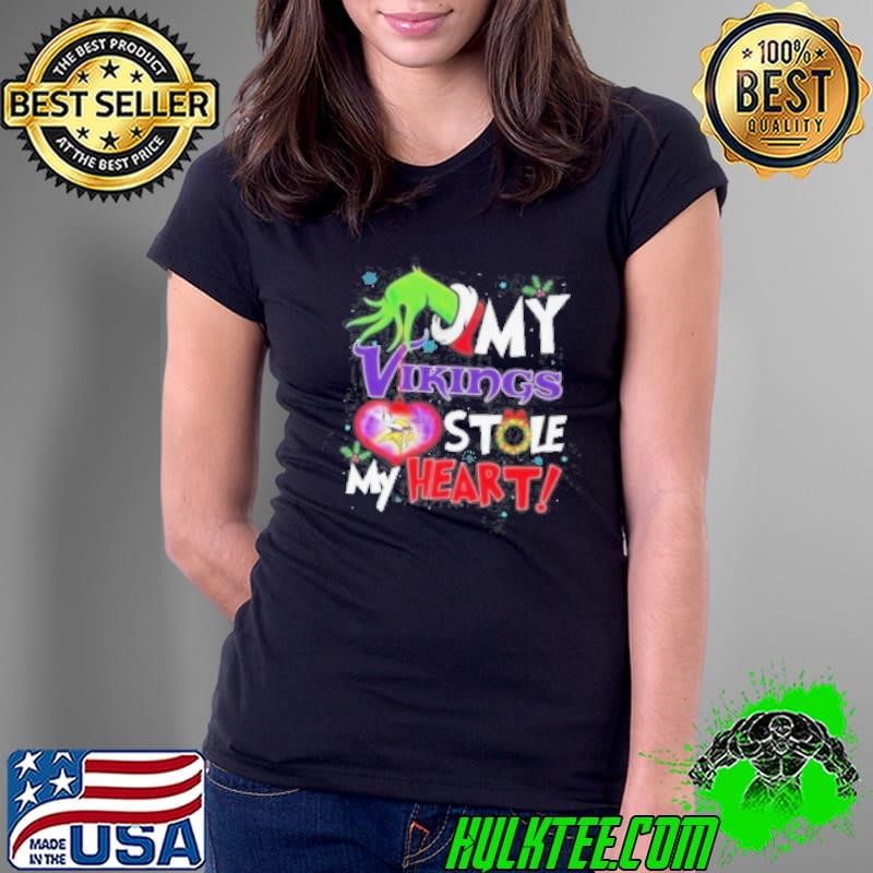 Grinch Hand My Minnesota Vikings Stole My Heart Football 2024 Ladies Tee