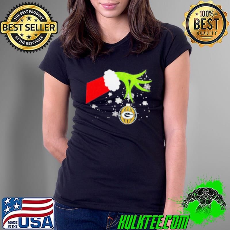 Grinch hand holding ornament Packers football Christmas Ladies Tee