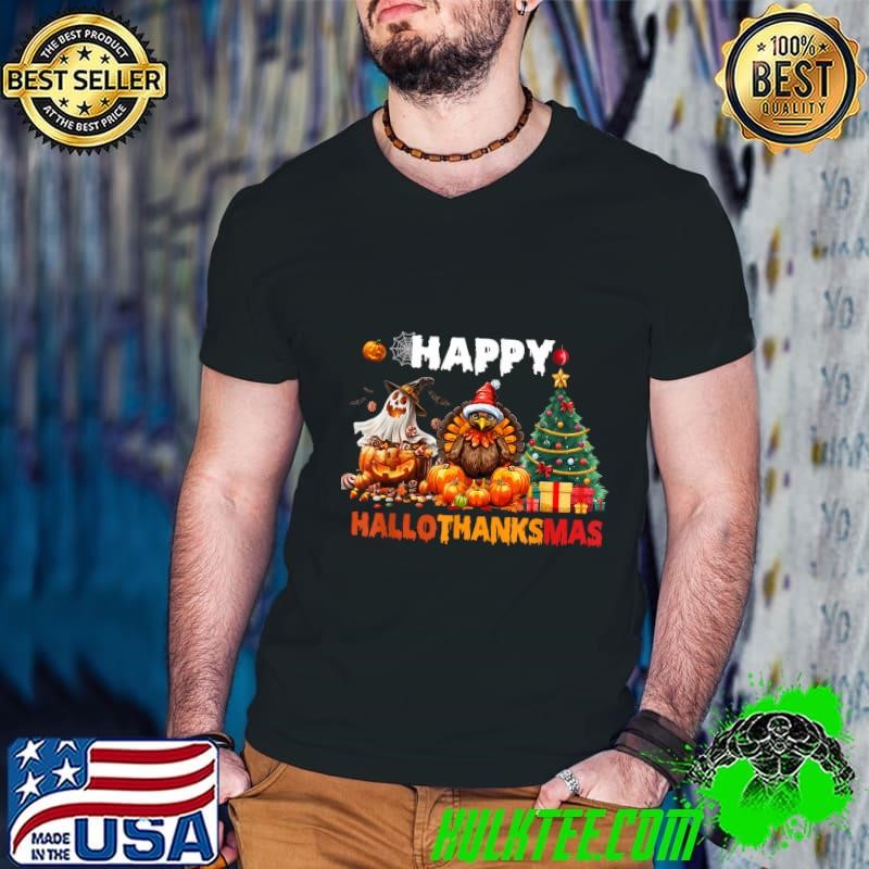 Halloween Thanksgiving Christmas Happy HalloThanksMas Ghost Turkey Xmas Tree T-Shirt