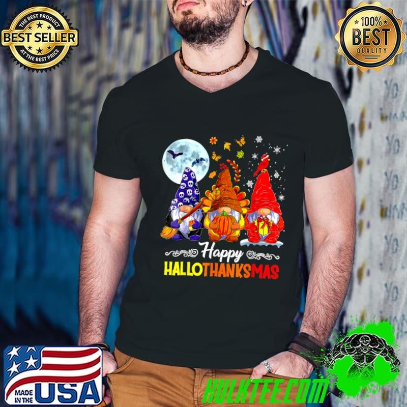 Halloween Thanksgiving Christmas Happy HalloThanksMas Gnomes Moon Pumpkins Guys V Neck