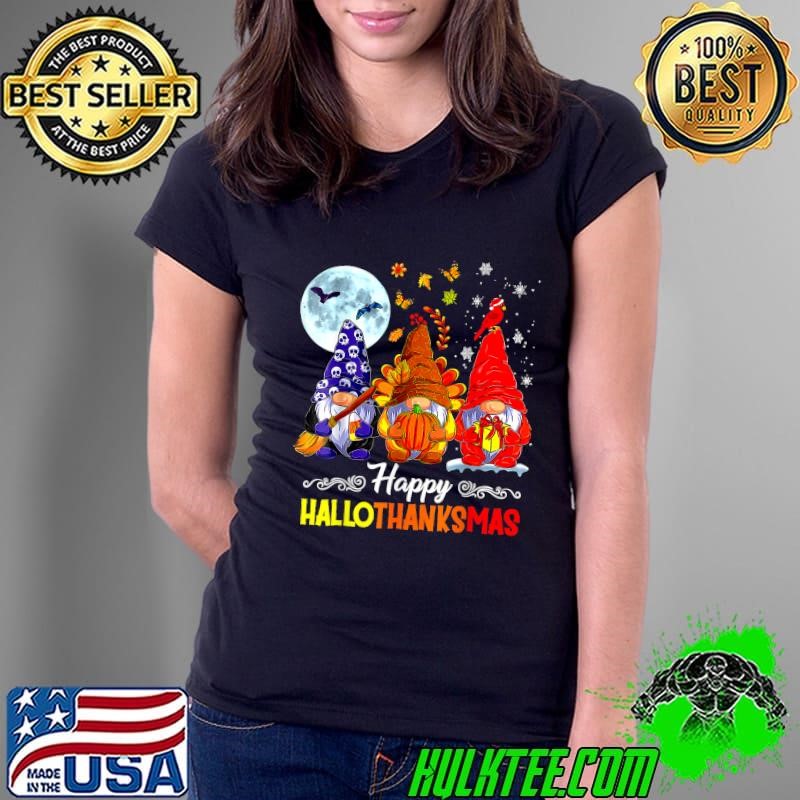 Halloween Thanksgiving Christmas Happy HalloThanksMas Gnomes Moon Pumpkins Ladies Tee