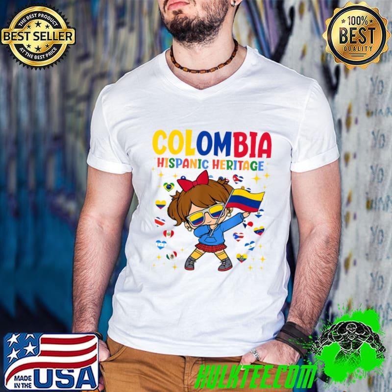 Hispanic Heritage Month Colombia Flag Colombian Girl Kids Dabbing T-Shirt