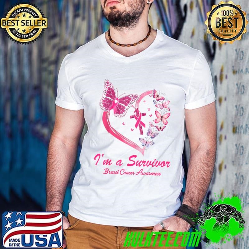 I'm A Survivor Breast Cancer Awareness Pink Butterfly Heart Cross Guys V Neck