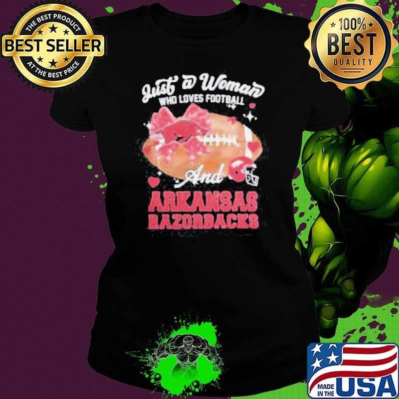 Just A Woman Who Loves Football And Arkansas Razorbacks Helmet Shirt