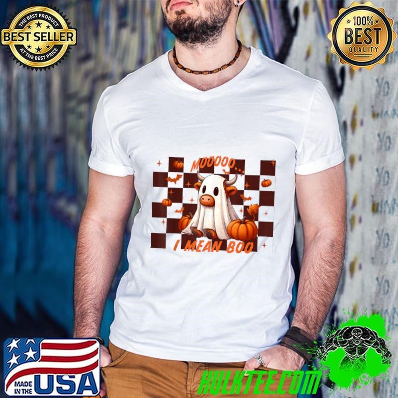 Moo I Mean Boo Highland Cow Checkered Halloween Costume T-Shirt